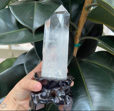 Clear Quartz crystal point tower with stand